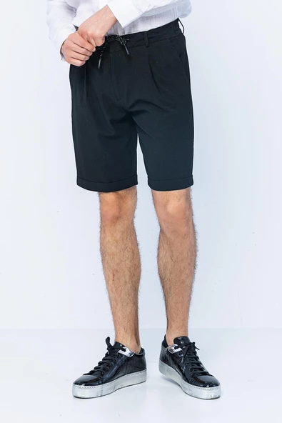 Erkek Relaxed Fit Pileli Bağcıklı Fermuarlı Kıvrımlı Paça Bürümcük Kumaş Rahat Şort - 3