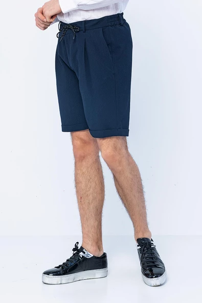 Erkek Relaxed Fit Pileli Bağcıklı Fermuarlı Kıvrımlı Paça Bürümcük Kumaş Rahat Şort - 12