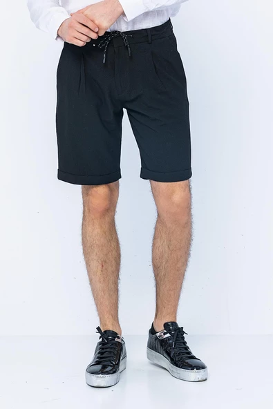 Erkek Relaxed Fit Pileli Bağcıklı Fermuarlı Kıvrımlı Paça Bürümcük Kumaş Rahat Şort - 2