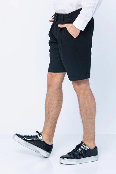 Erkek Relaxed Fit Pileli Bağcıklı Fermuarlı Kıvrımlı Paça Bürümcük Kumaş Rahat Şort - 6