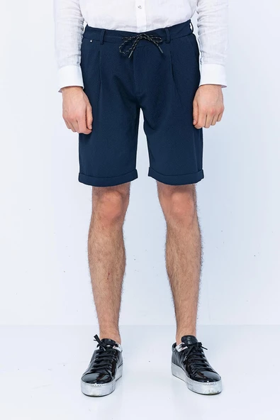 Erkek Relaxed Fit Pileli Bağcıklı Fermuarlı Kıvrımlı Paça Bürümcük Kumaş Rahat Şort - 10