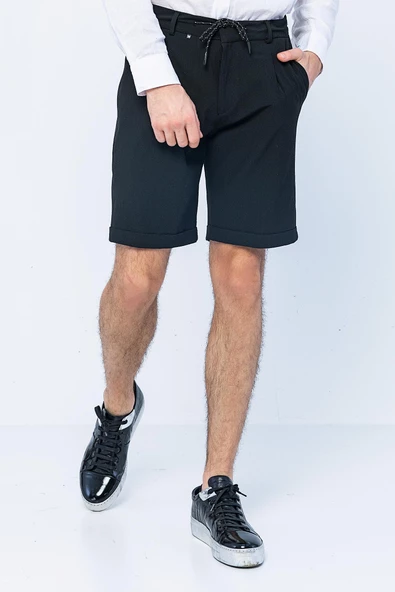 Erkek Relaxed Fit Pileli Bağcıklı Fermuarlı Kıvrımlı Paça Bürümcük Kumaş Rahat Şort - 5