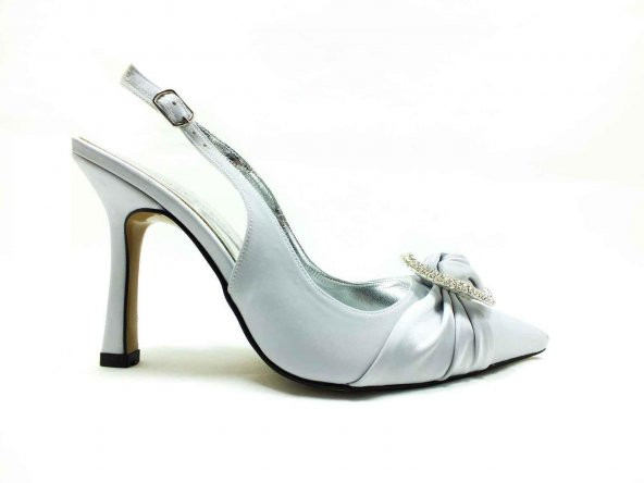 Caprito Topuklu Taşlı Ayakkabı Gümüş-Saten 13 Y-903