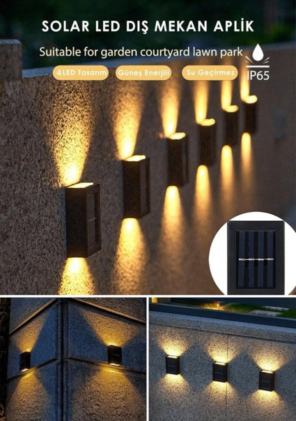 4 Ledli Solar Çift Taraflı Duvar Lambası Güneş Enerjili Aydınlatma Dekorasyon Aplik Işık