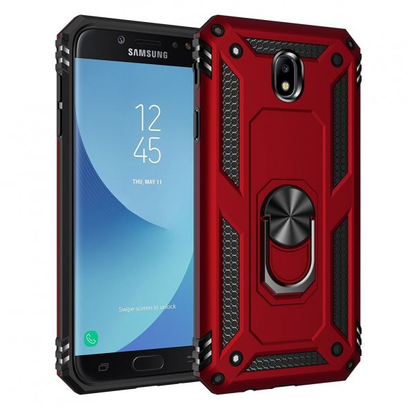 Samsung Galaxy J7 Pro / J730 Kılıf Sofya Yüzüklü Silikon Kapak - Kırmızı