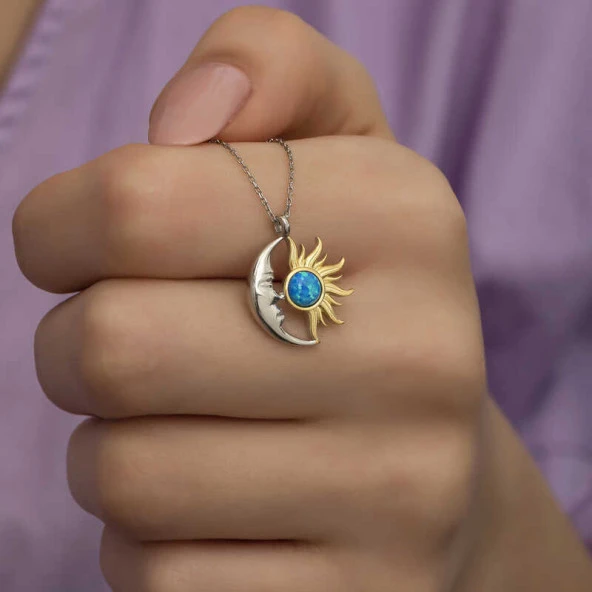 Gümüş Opal Mavi Taşlı Ay Güneş Kadın Kolye ürün görseli 1
