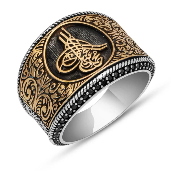 Tuğra Desenli Mikro Taşlı 925 Gümüş Erkek Yüzük - 7