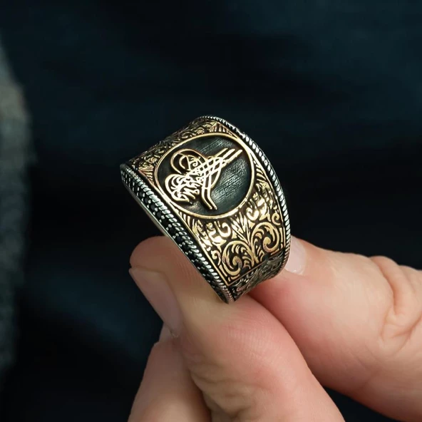 Tuğra Desenli Mikro Taşlı 925 Gümüş Erkek Yüzük - 8