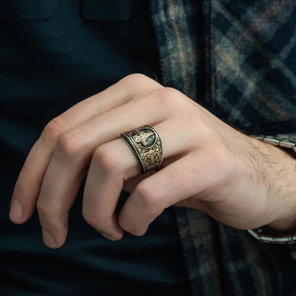 Tuğra Desenli Mikro Taşlı 925 Gümüş Erkek Yüzük - 5