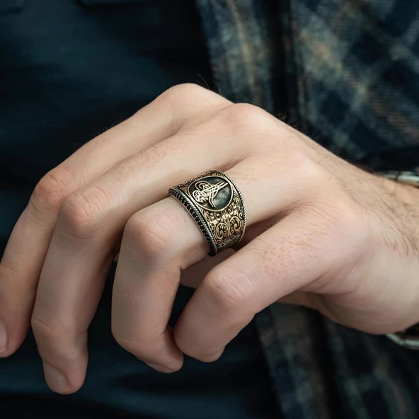 Tuğra Desenli Mikro Taşlı 925 Gümüş Erkek Yüzük - 3