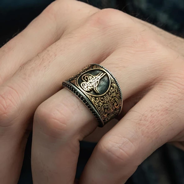 Tuğra Desenli Mikro Taşlı 925 Gümüş Erkek Yüzük - 4