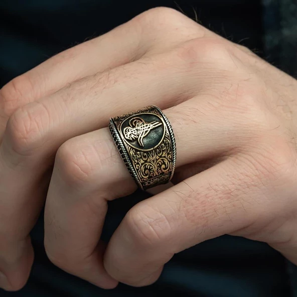 Tuğra Desenli Mikro Taşlı 925 Gümüş Erkek Yüzük - 2