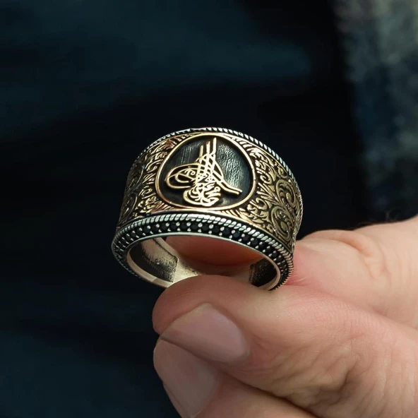 Tuğra Desenli Mikro Taşlı 925 Gümüş Erkek Yüzük - 6