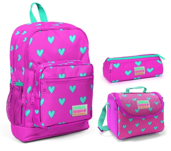 Coral High Pembe Kalp Baskılı Kız Çocuk 3'lü İlkokul Çanta Seti