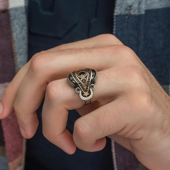 Ayyıldız Motifli Kırmızı Taşlı 925 Gümüş Erkek Yüzük - 3