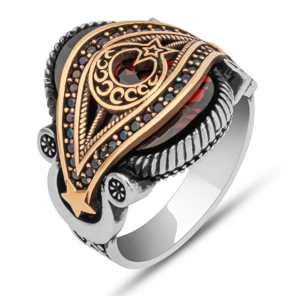 Ayyıldız Motifli Kırmızı Taşlı 925 Gümüş Erkek Yüzük - 2