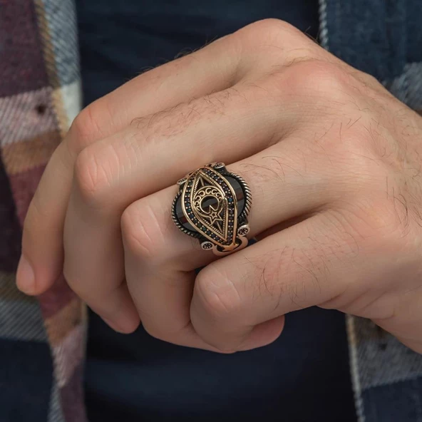 Ayyıldız Motifli Kırmızı Taşlı 925 Gümüş Erkek Yüzük - 8