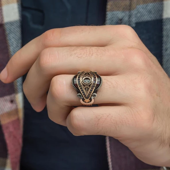 Ayyıldız Motifli Kırmızı Taşlı 925 Gümüş Erkek Yüzük - 6