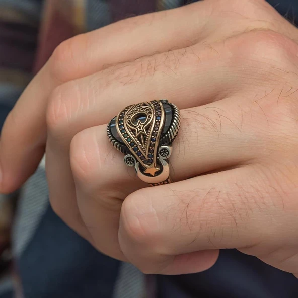 Ayyıldız Motifli Kırmızı Taşlı 925 Gümüş Erkek Yüzük - 4