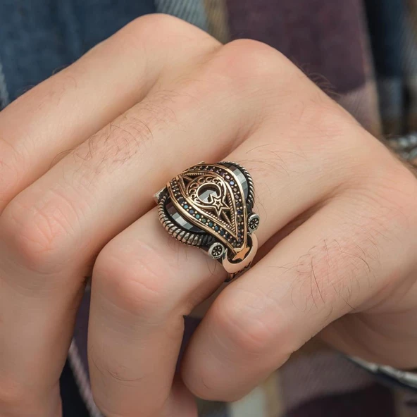 Ayyıldız Motifli Kırmızı Taşlı 925 Gümüş Erkek Yüzük - 7