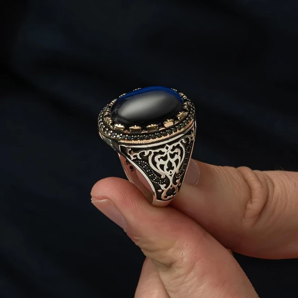 Mavi Kaplan Gözü Taşlı 925 Gümüş Erkek Yüzük - 5