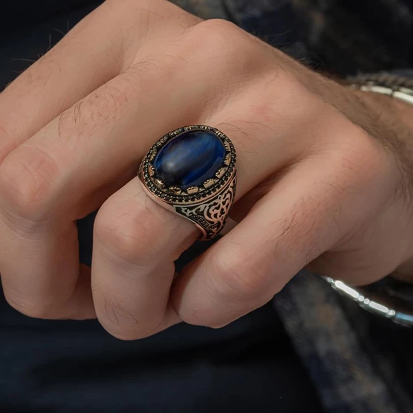 Mavi Kaplan Gözü Taşlı 925 Gümüş Erkek Yüzük - 3