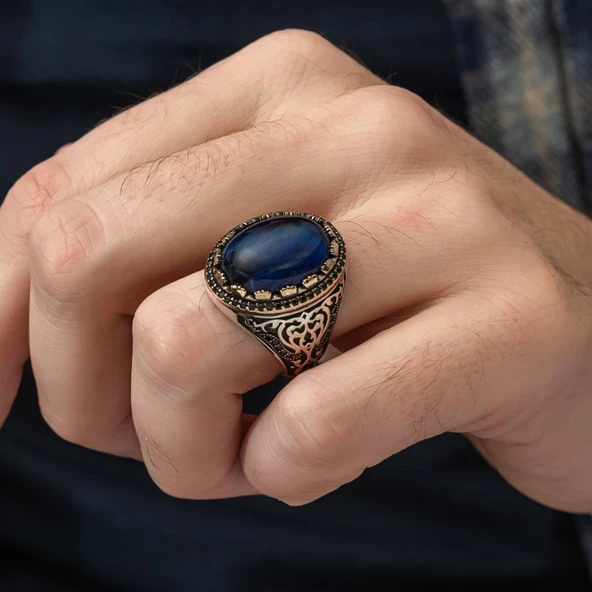 Mavi Kaplan Gözü Taşlı 925 Gümüş Erkek Yüzük - 4