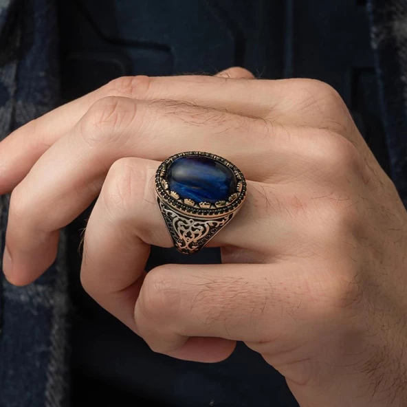 Mavi Kaplan Gözü Taşlı 925 Gümüş Erkek Yüzük - 7