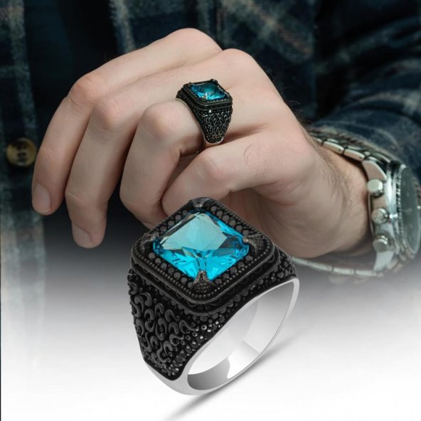Siyah kaplama Aqua Mavi Taşlı 925 Gümüş Erkek Yüzük