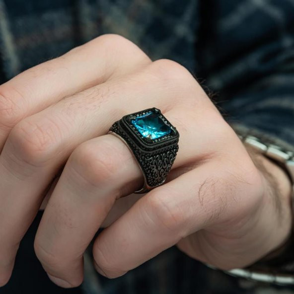 Siyah kaplama Aqua Mavi Taşlı 925 Gümüş Erkek Yüzük - 2