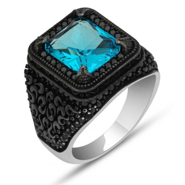 Siyah kaplama Aqua Mavi Taşlı 925 Gümüş Erkek Yüzük - 3