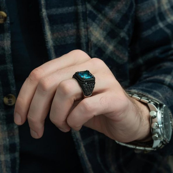 Siyah kaplama Aqua Mavi Taşlı 925 Gümüş Erkek Yüzük - 4