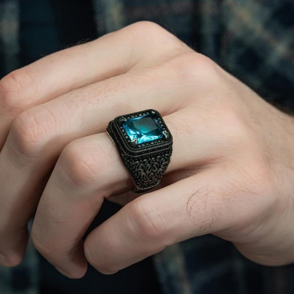 Siyah kaplama Aqua Mavi Taşlı 925 Gümüş Erkek Yüzük - 5