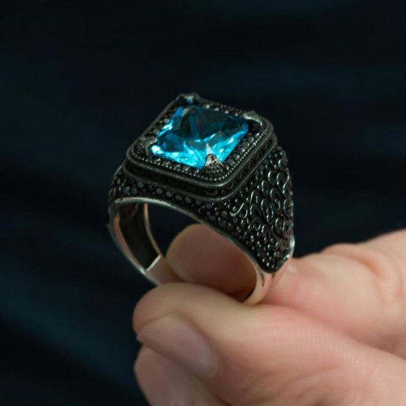 Siyah kaplama Aqua Mavi Taşlı 925 Gümüş Erkek Yüzük - 6