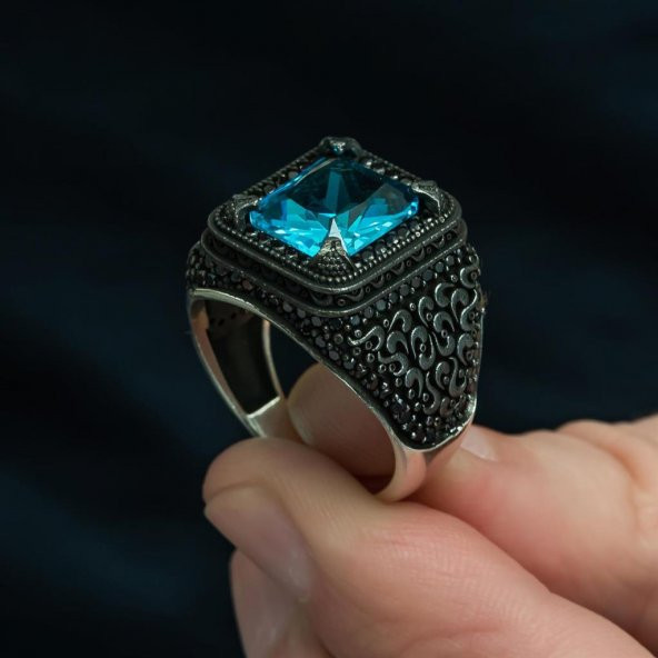 Siyah kaplama Aqua Mavi Taşlı 925 Gümüş Erkek Yüzük - 7