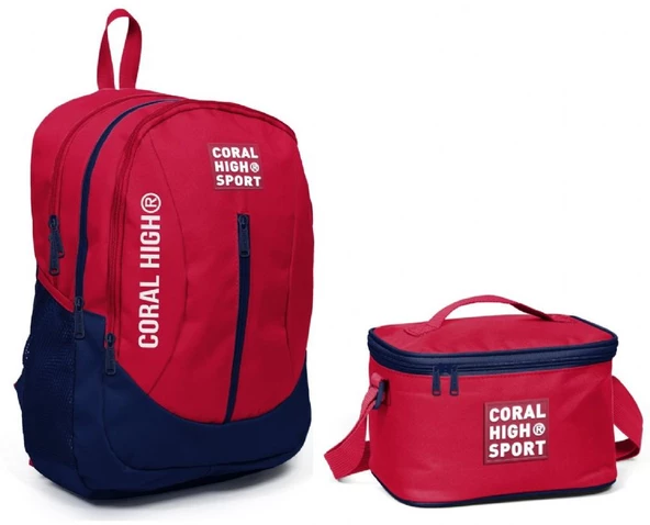 Coral High Sport Kırmızı Lacivert Okul Sırt Çantası Beslenme Seti - USB Çıkışlı