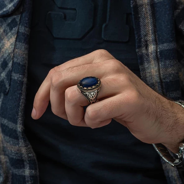 Mavi Kaplan Gözü Taşlı 925 Gümüş Erkek Yüzük - 6