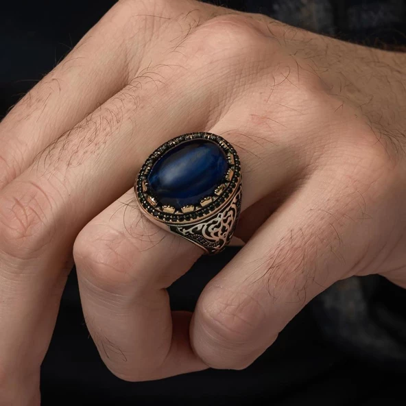 Mavi Kaplan Gözü Taşlı 925 Gümüş Erkek Yüzük - 8