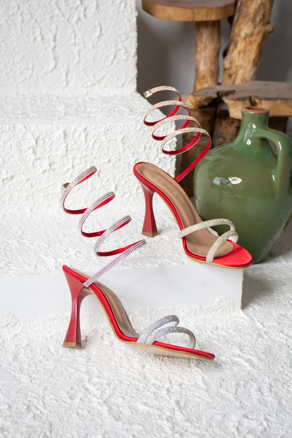 Nstil Kadın İnce Topuklu Abiye Saten Kumaş Taşlı Akordiyon Burgulu Bağcıklı Ayakkabı 151 - 6