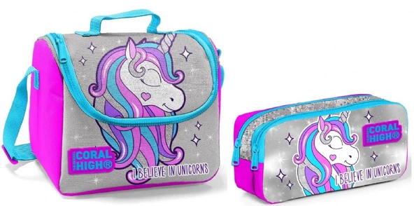 Coral High Beslenme Çantası ve Kalemlik Takım - Gri - Pembe - Unicorn - Kız Çocuk