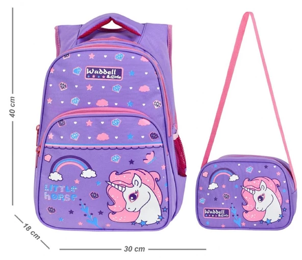 WaddellBag Kız Çocuk Mor Unicorn İlkokul Sırt Çantası ve Beslenme Çantası - 5