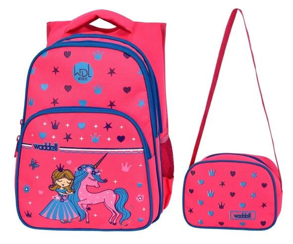 WaddellBag Kız Çocuk Üç Gözlü Pembe Unicorn İlkokul Sırt Çanta ve Beslenme Çantası Seti