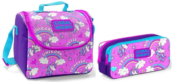 Coral High Beslenme Çantası ve Kalemlik Takım - Pembe - Unicorn - Kız Çocuk