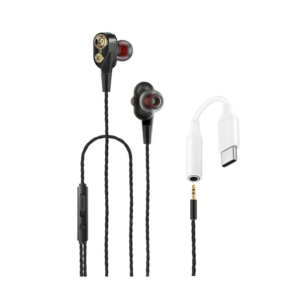 Tecno Hot Beats 3D Hifi 4 Hoparlörlü Huawei P Smart+ 2019 İle Uyumlu Type-C to 3.5mm Jack Dönüştürücü Kablolu Mikrofonlu Kulaklık Siyah