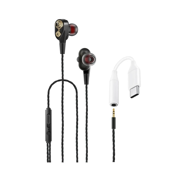 Tecno Hot Beats 3D Hifi 4 Hoparlörlü Samsung Galaxy M30 Type-C to 3.5mm Jack Dönüştürücü Kablolu Mikrofonlu Kulaklık Siyah