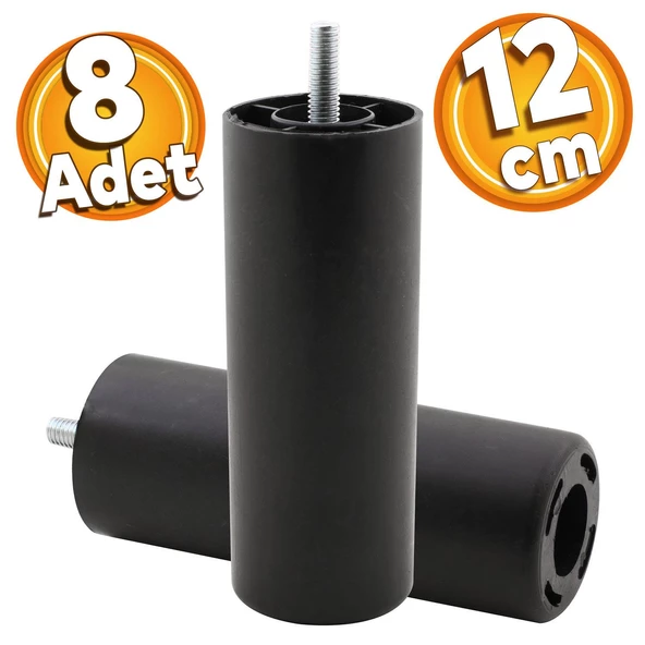 Mobilya Kanepe Koltuk Baza Yükseltme M8 Civatalı Ince Diş Destek Ayağı Ayakları Siyah 12 Cm 8 Adet