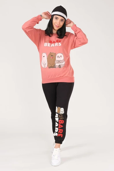 Kadın We Bare Bears Baskılı Eşofman Takımı Gül