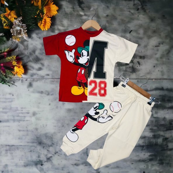 Mickey Mouse Baskılı Çift Renkli Erkek Çocuk Kısa Kollu Takım