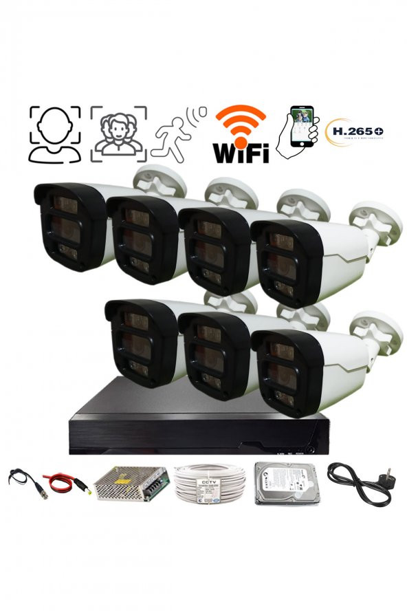GECE RENKLİ GÖSTEREN 7 KAMERALI  YÜZ, İNSAN VE HAREKET ALGILAMALI 5MP 3,6 MM SONY LENS 1080P GÜVENLİK KAMERASI SETİ