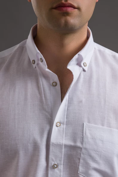 ADVANTE KISA KOL CEPLİ RAHAT KESİM YAKA DÜĞMELİ İNCE KETEN GÖMLEK - Resim 8